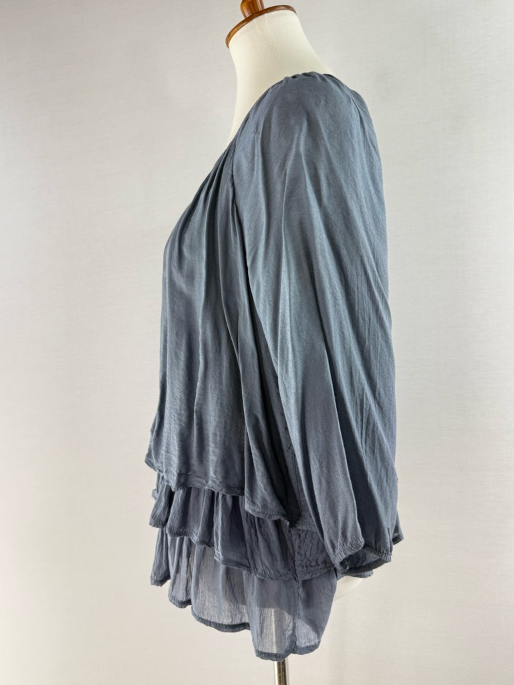 Tempo Paris Light Steel Blue Silk Blend Tiered Peasant Blouse - Picture 3 of 13
